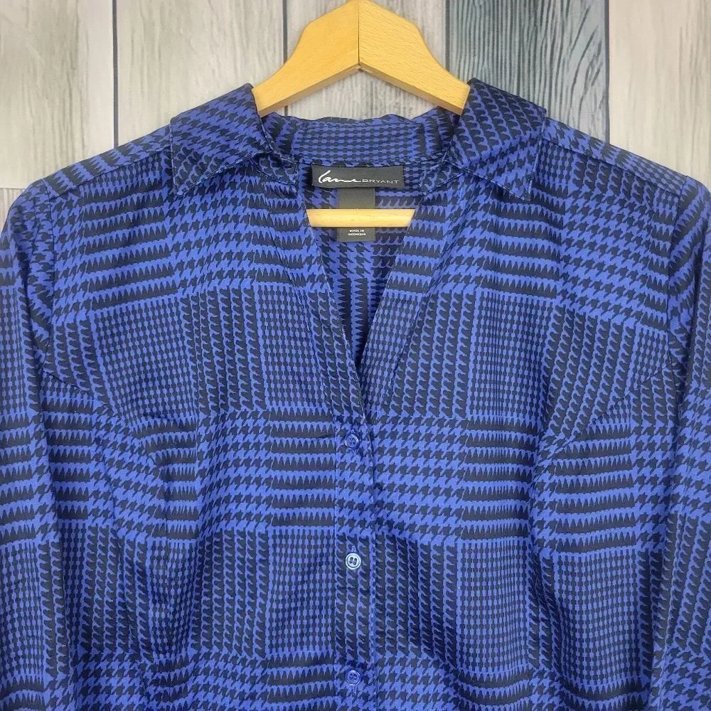 Lane Bryant Blue Black Houndstooth Long Sleeve Button Down Shirt Size 18